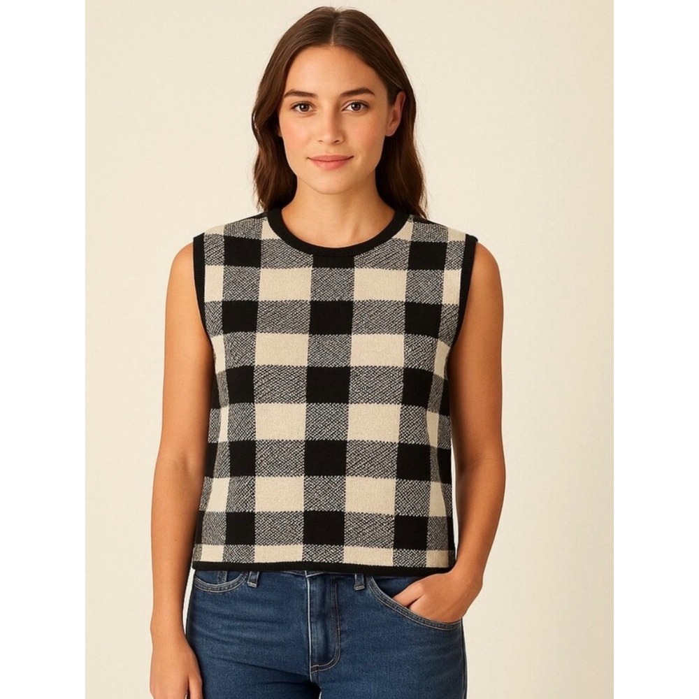 Tuckernuck Pomander Place Buffalo Check Knit Sweater Vest Blk White Wool Blend